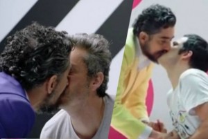 Alexandre Nero e Mateus Solano trocam beijos com o apresentador Michel Melamed (Foto: Reprodução/Canal Brasil)