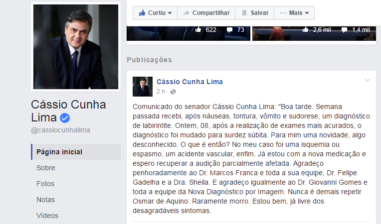 Informação foi postada pelo próprio senador via Facebook