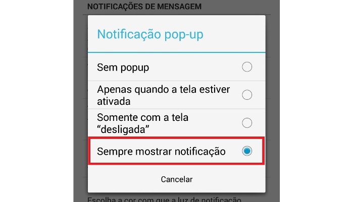 Configurando para sempre mostrar notificações pop-up no WhatsApp (Foto: Reprodução/Lívia Dâmaso) 