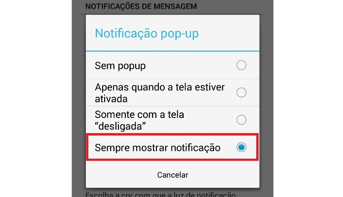 Configurando para sempre mostrar notificações pop-up no WhatsApp (Foto: Reprodução/Lívia Dâmaso)