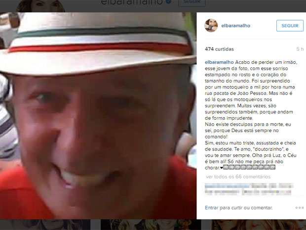Elba Ramalho usou seu perfil em uma rede social para lamentar a morte do seu irmão, atropelado em João Pessoa (Foto: Reprodução/Instagram)