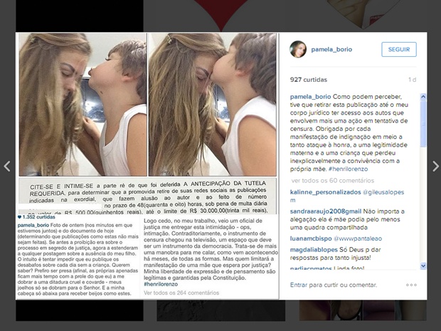 Pâmela Bório publicou em uma rede social uma foto com o filho comentando sobre a decisão judicial (Foto: Reprodução/Instagram)