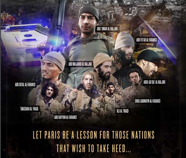 Pôster publicado na revista do grupo Estado Islâmico mostra jihadistas dos ataques de novembro em Paris (Foto: Reprodução/ Dabiq)