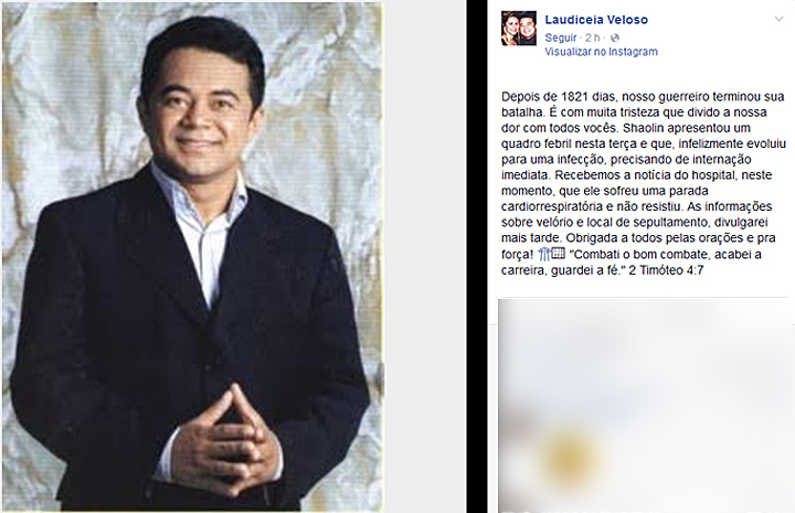 Mulher do humorista Shaolin posta informação sobre a morte do marido (Foto: Reprodução/Facebook)