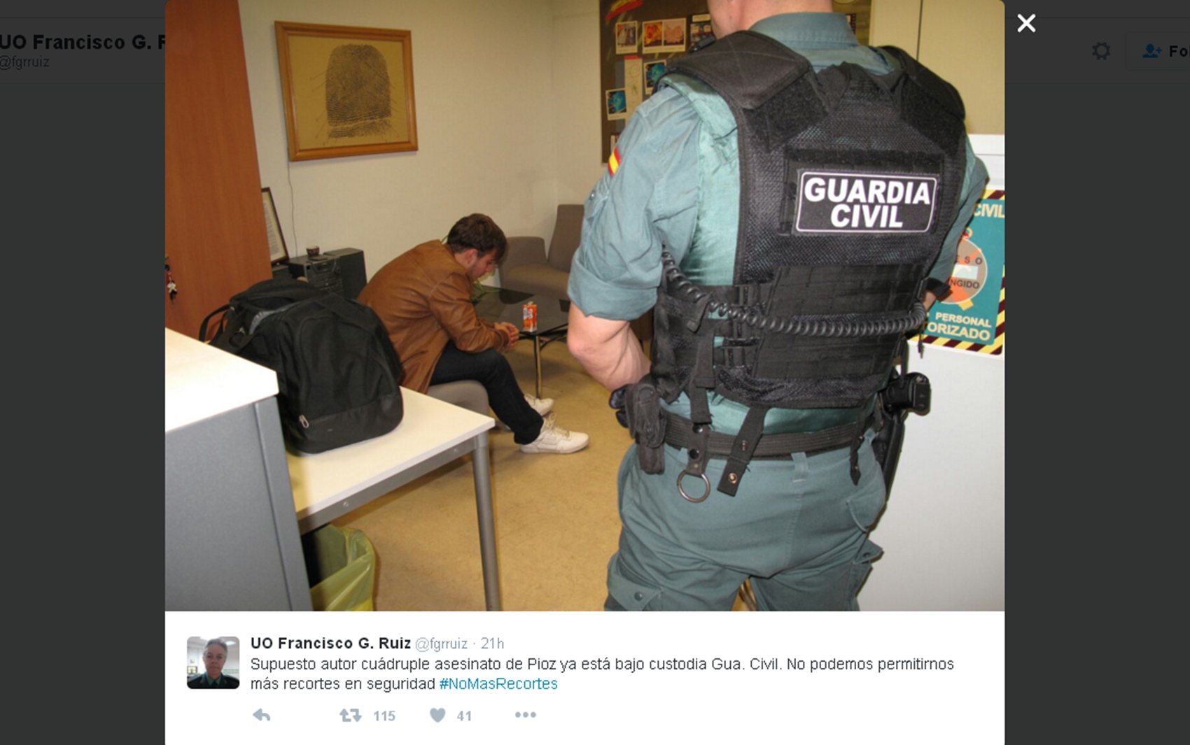 Patrick Gouveia, suspeito de esquartejar família na Espanha, detido na sede da Guarda Civil espanhola em Madri (Foto: Reprodução/Twitter/fgrruiz)