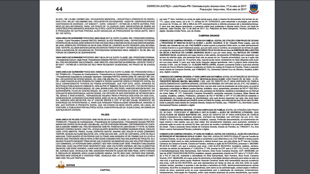 Texto com 'Mussum ipsum' foi publicado no Diário da Justiça da Paraíba de terça-feira (18) (Foto: Reprodução/Diário Oficial do Tribunal de Justiça da Paraíba )