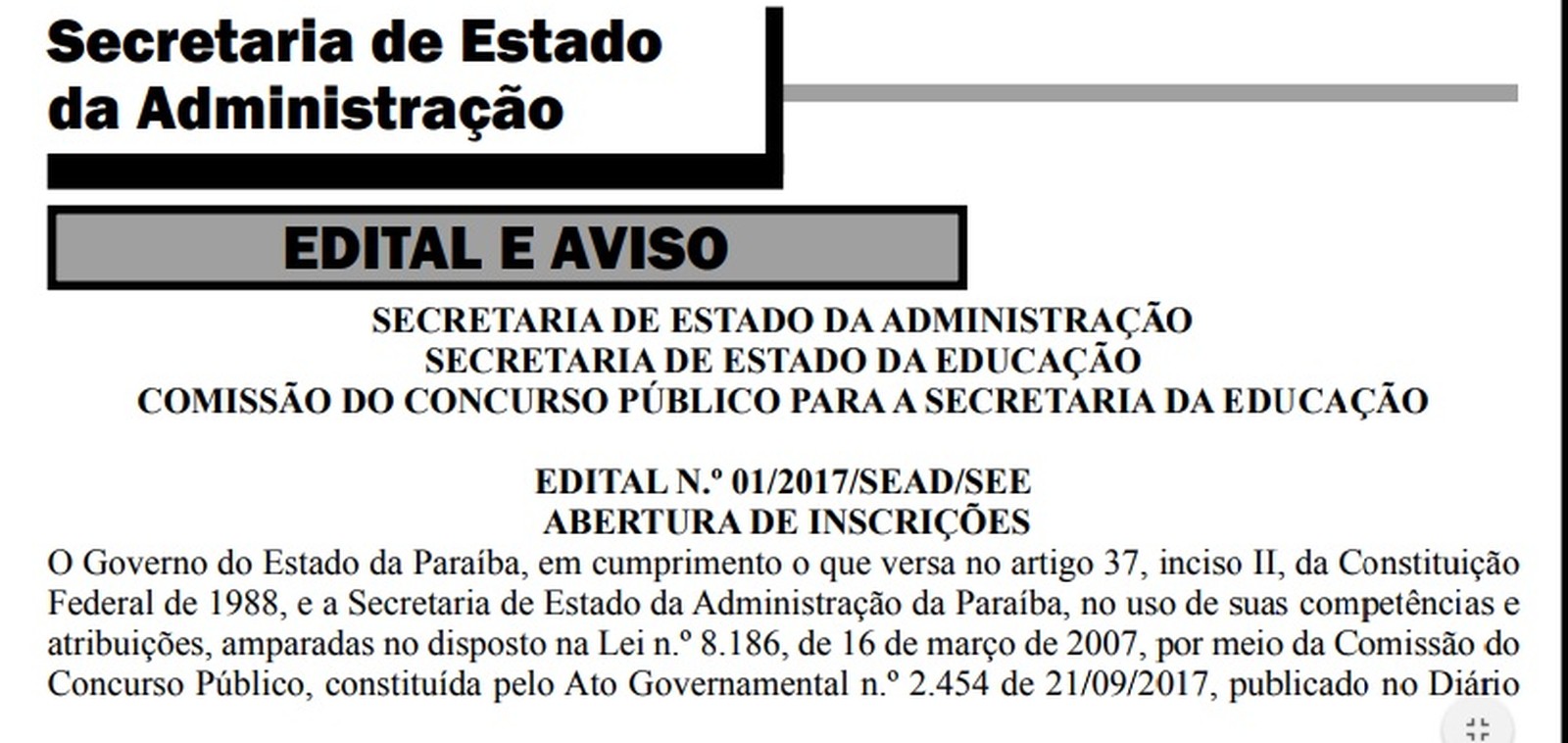 Edital de concurso da Educação é publicado no Diário Oficial do Estado da Paraíba (Foto: Reprodução/Diário Oficial do Estado da Paraíba)