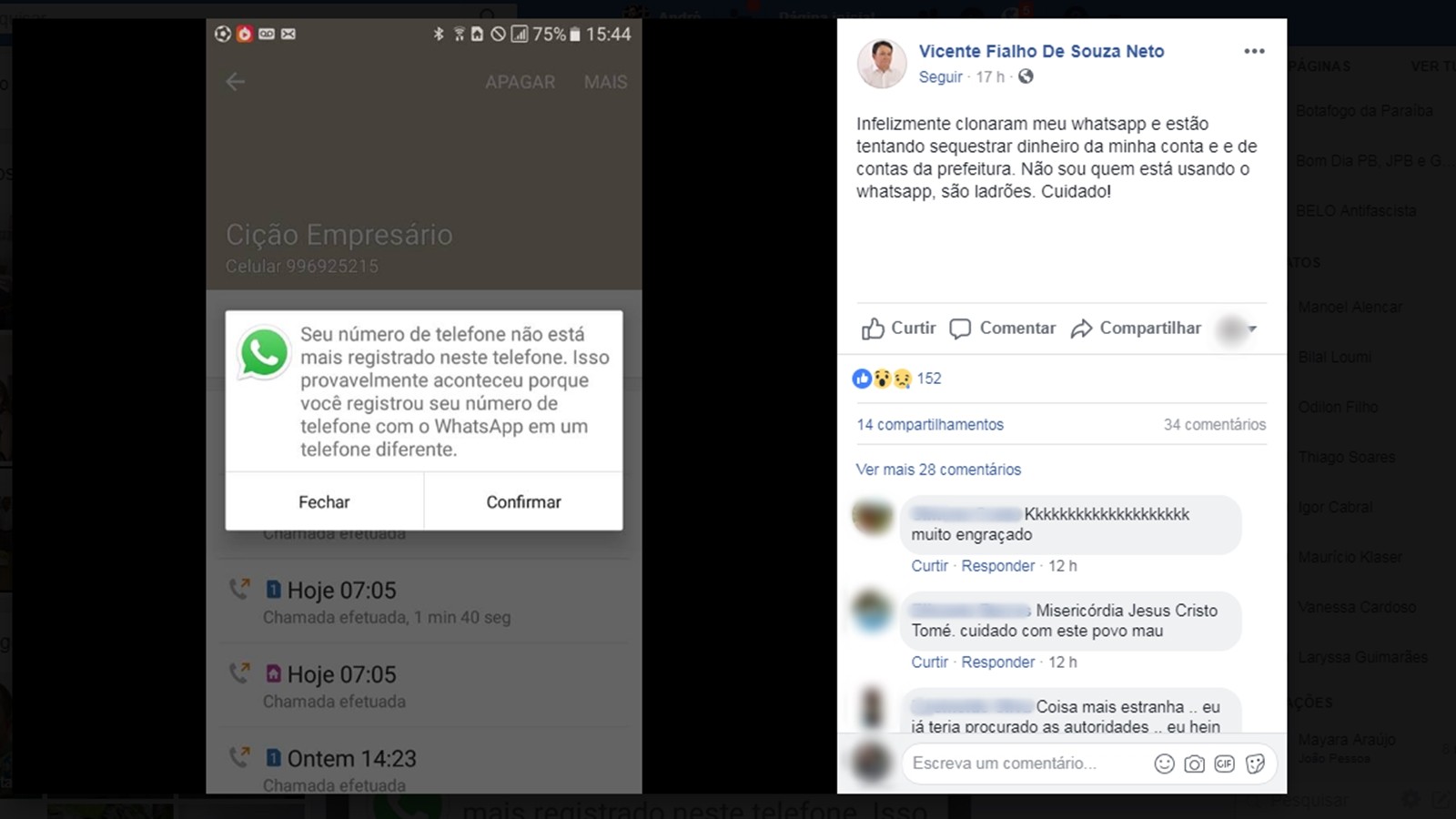 Prefeito de Serra Branca usou perfil em rede social para relatar suposta clonagem do celular (Foto: Reprodução/Facebook/Vicente Fialho de Souza Neto)
